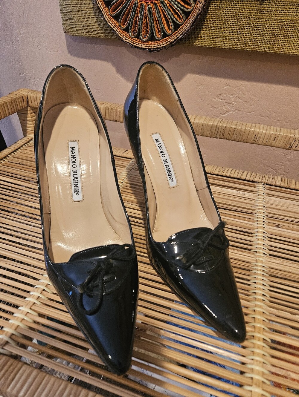 Manolo Blahnik Black Patent Leather Tie Front Pointed Heels